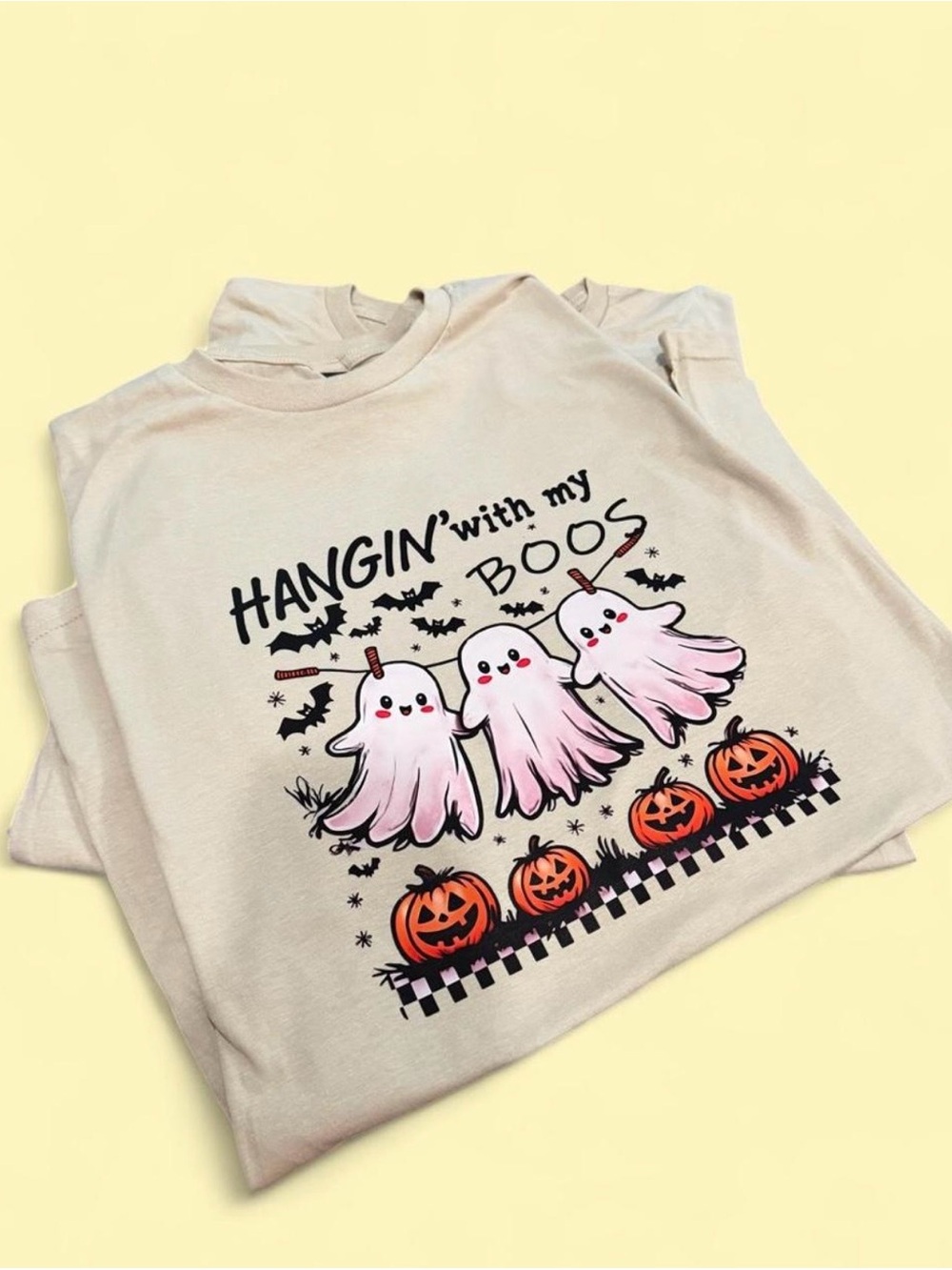 Gildan Cream Tee with Pink Ghosts & Orange Pumpkins